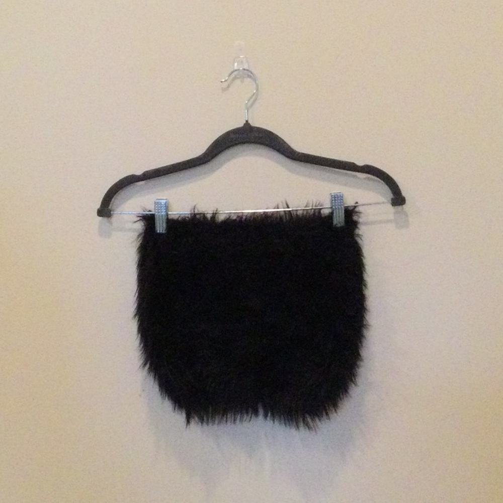 Black Faux Fur Strapless Crop Top